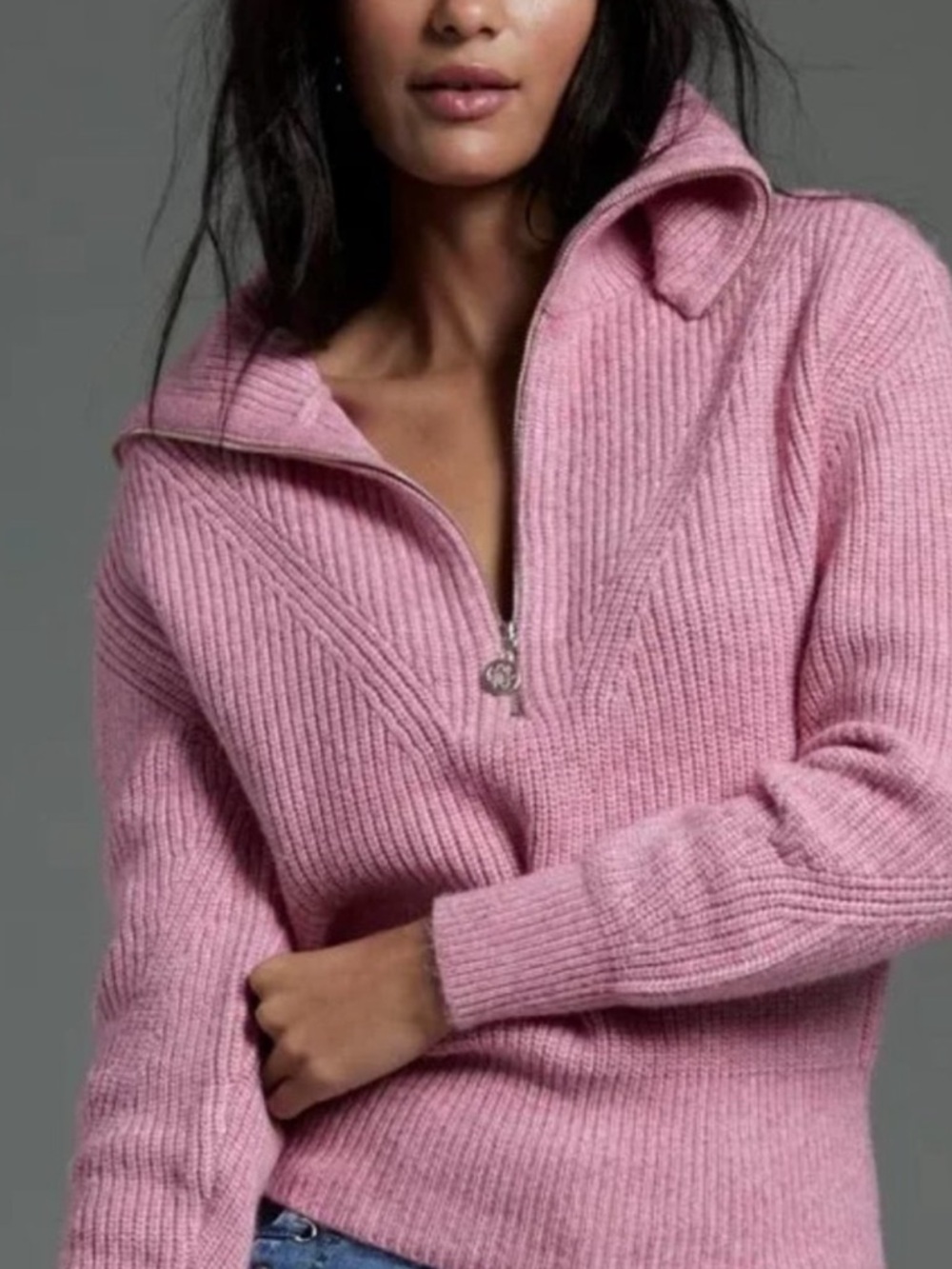 White House Black Market Classic Pink Half-Zip Ribbed Sweater